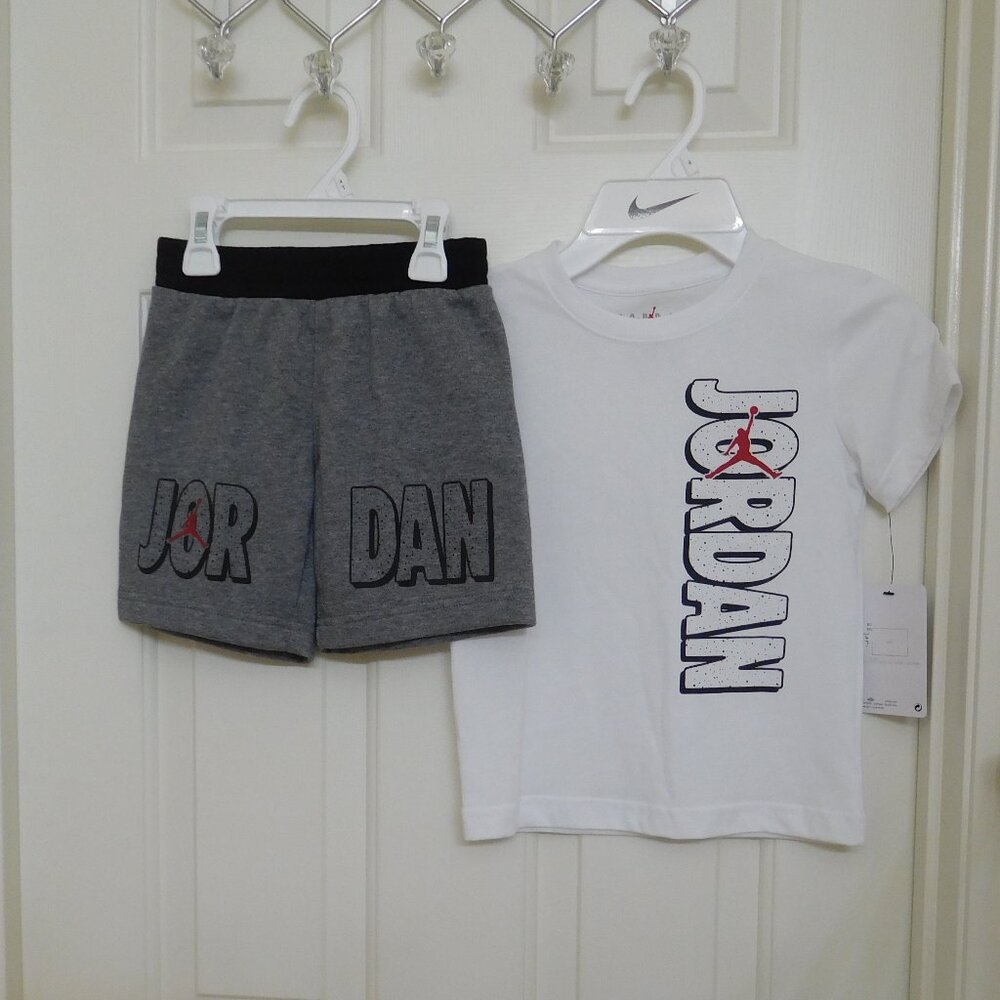 NWT 2pc Air Jordan White Shirt Black Red Logo & Gray Sweat Shorts Set sz 4